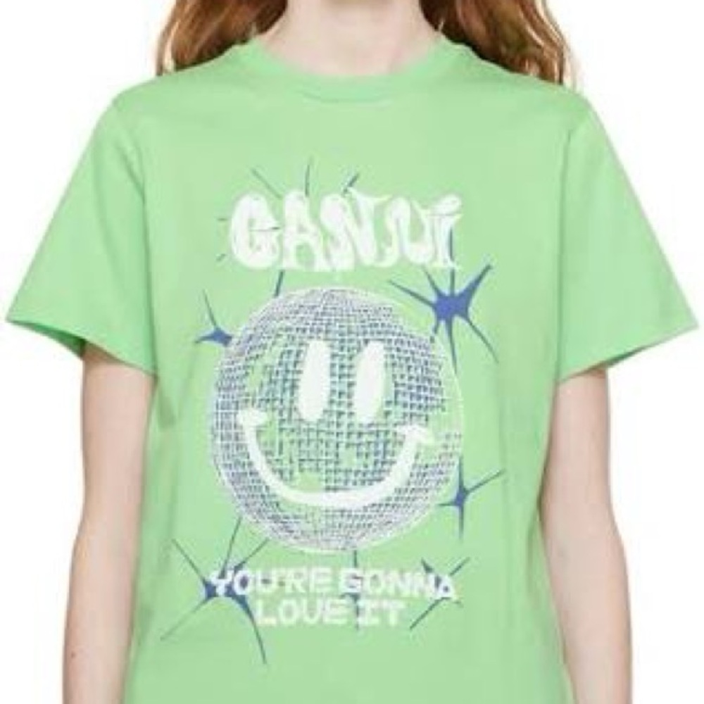 Ganni Light Green Graphic Disco Smiley Tee